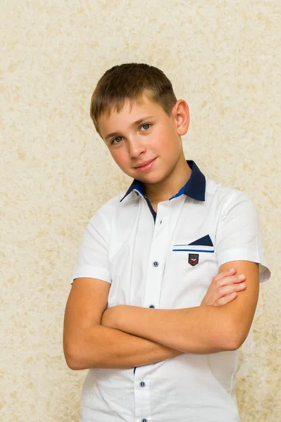 Porträt Eines Europäischen Jungen Weißem Stylischem Kurzarmshirt Der Mich Anlächelt — Stockfoto