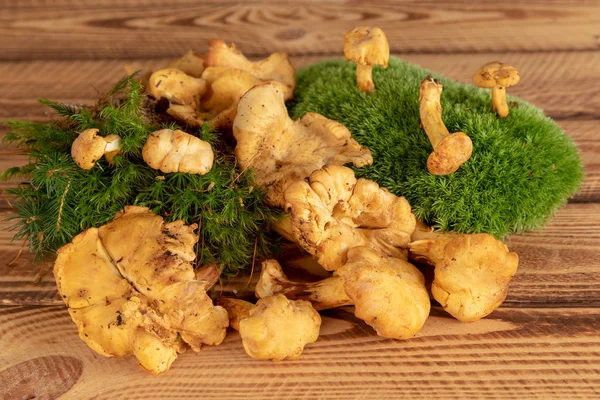 新鲜切割的蘑菇在质朴的木制背景 — 图库照片