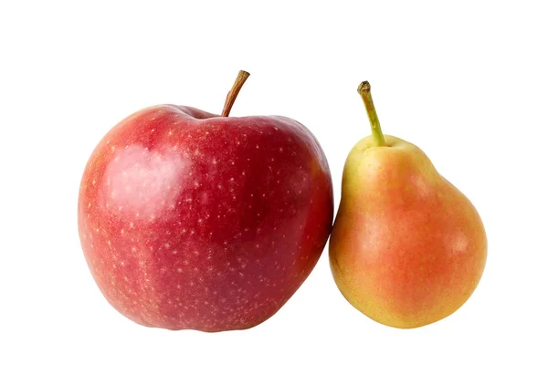 包括白色剪裁路径上的红苹果黄梨果 — 图库照片