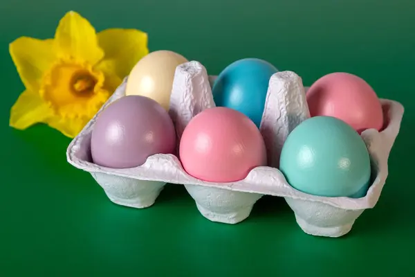 Close Painted Easter Eggs Yellow Flower Green Selective Focus Foreground — Stock Photo, Image