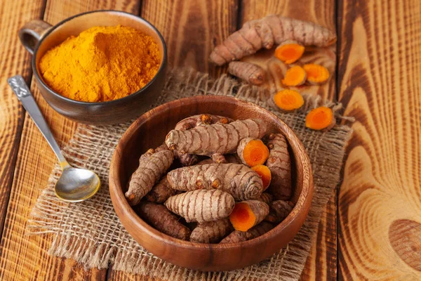 Turmeric Roots Powder Bowls Old Wooden Table — Stock Photo, Image