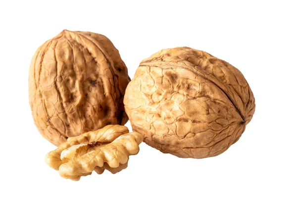 Dva Neshelly Vlašské Ořechy Vlašskový Ořech Izolované Bílém — Stock fotografie