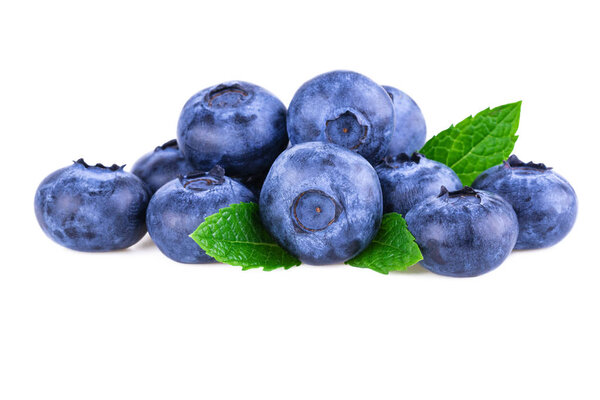 Blueberries. Stack of fresh blueberry with mint leaves isolated on white