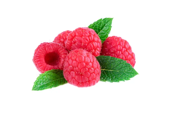 Tas Framboises Avec Feuille Menthe Fraîche Isolée Sur Fond Blanc — Photo