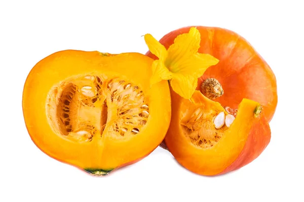 Hokkaido Pumpkins Red Orange Vegetables Yellow Flower White — Stock Photo, Image