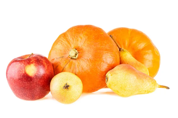 Kürbisse Mit Apfel Und Birne Herbst Helle Farbe Obst Und — Stockfoto