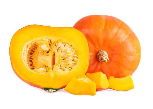 Calabazas Hokkaido Color Naranja Enteras Cortadas Mitad Rodajas Blanco Imagen De Stock