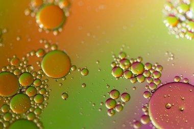 Bir portre renkli bir arka plan ile bir su yüzeyinde yağ damlacıkları.