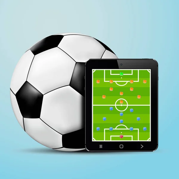 Tablet Οθόνη Σχηματισμό Ομάδας Ποδοσφαίρου Και Μπάλα Ποδοσφαίρου Εικονογράφηση Διάνυσμα — Διανυσματικό Αρχείο