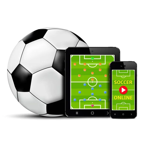 Campo de futebol na tela do telefone inteligente e bola no estádio