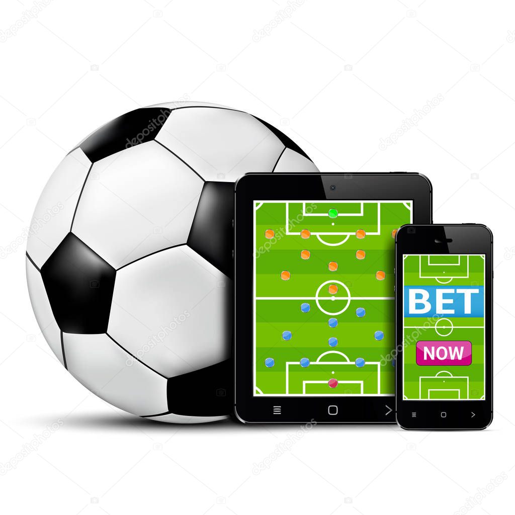 Smart phone and tablet with football field for betting online concept. Vector illustration.