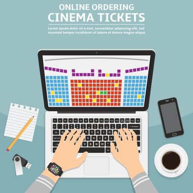 Online sinema bilet sipariş düz tasarım konsepti. Vektör çizim.