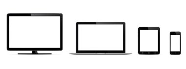 Dijital cihazlar kümesi. Monitör, dizüstü bilgisayar, tablet ve akıllı telefon üzerinde beyaz izole. Vektör çizim.