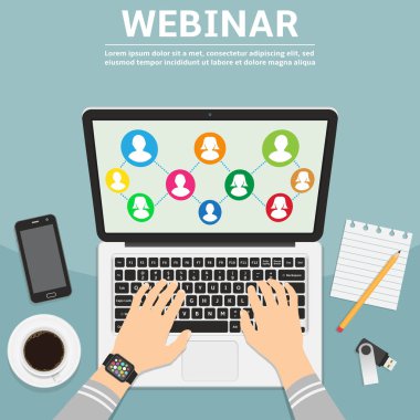 Webinar düz tasarım kavramı illüstrasyon insan el laptop birimine webinar çeşitli insanlara yazarak. Vektör çizim.