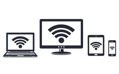 Modern bilgisayar, dizüstü bilgisayar, tablet ve wifi internet bağlantısı simgesi olan akıllı telefon simgeleri görüntüler. Vektör çizim.