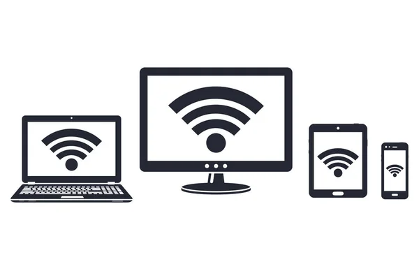 Moderne Computer Weergeven Laptop Tablet Smartphone Pictogrammen Met Wifi Internet — Stockvector