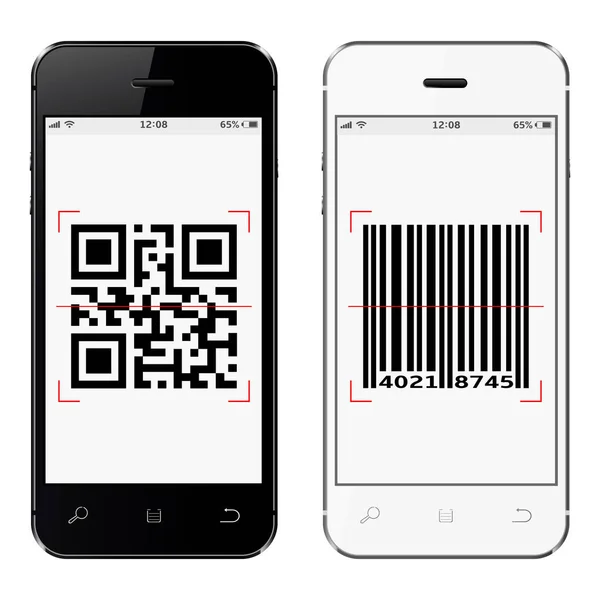 Smartphones Med Och Streckkod Skärmen Isolerad Vit Bakgrund Vektorillustration — Stock vektor