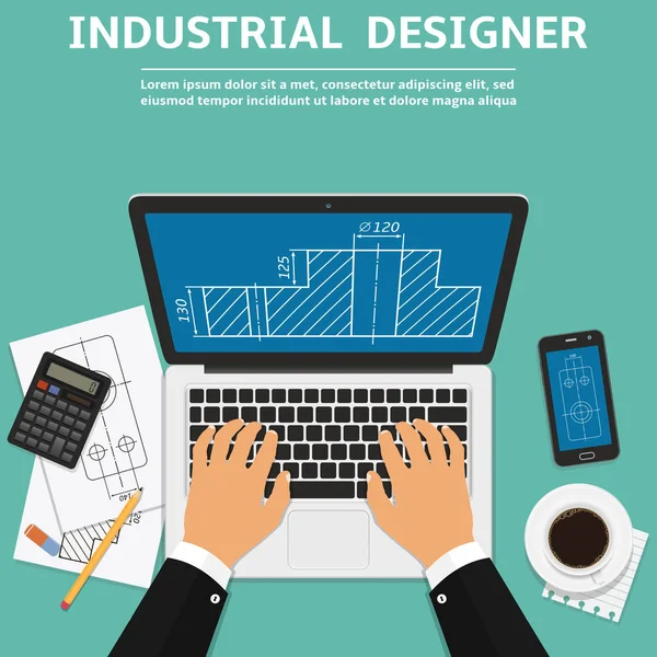 Industrial designer working on laptop computer with blueprint on screen