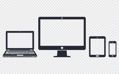 Aygıt simgelerini - masaüstü bilgisayar, dizüstü bilgisayar, akıllı telefon ve tablet şeffaf arka plan üzerinde. Vektör çizim