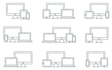 Vektör anahat aygıt simgeleri ayarlayın. Monitör, dizüstü bilgisayar, tablet pc ve smartphone.