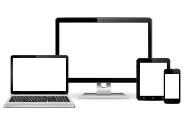 Bilgisayar monitör, dizüstü bilgisayar, tablet pc ve cep telefonu ile boş perde. Beyaz arka plan üzerinde izole.