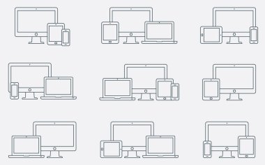 Vektör anahat aygıt simgeleri ayarlayın. Monitör, dizüstü bilgisayar, tablet pc ve smartphone. Vektör çizim