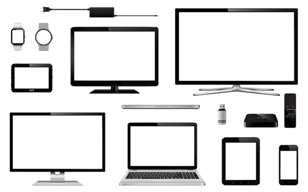 Zestaw Realistyczne Monitor Komputerowy Laptopy Tabletka Telefon Komórkowy Inteligentny Zegarek — Wektor stockowy