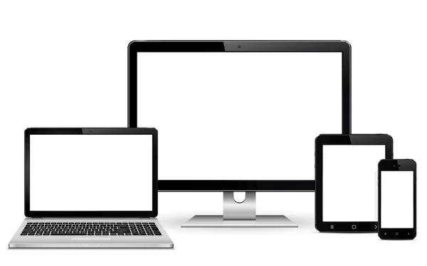 Bilgisayar monitör, dizüstü bilgisayar, tablet pc ve cep telefonu ile boş perde. Beyaz arka plan üzerinde izole.