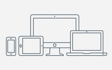 Vektör anahat aygıt simgeleri ayarlayın. Monitör, dizüstü bilgisayar, tablet pc ve smartphone. Vektör çizim