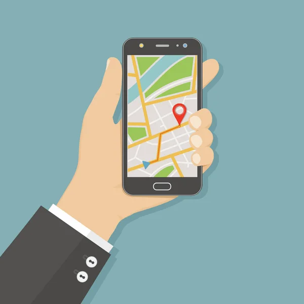 Main Tenant Smartphone Avec Carte Ville Gps Navigateur Sur Écran — Image vectorielle