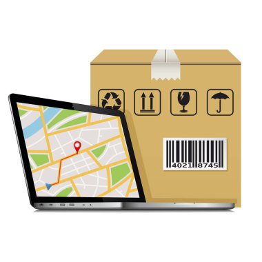 Sipariş tasarım izleme parsel nakliye. Gps harita üzerinde ekran ve kargo karton kutu ile dizüstü bilgisayar.