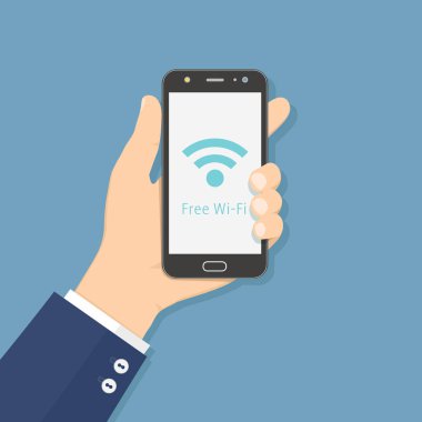 Siyah smartphone kablosuz simgesi ile tutan el. Düz stil illüstrasyon