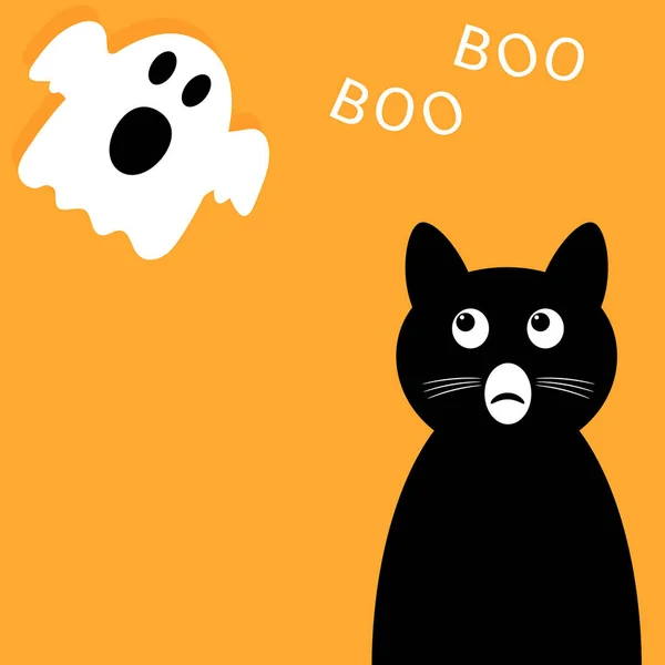 Feliz Halloween Fondo Gato Negro Mirando Hacia Arriba Fantasma Personaje — Vector de stock