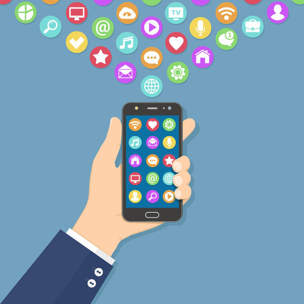 Рука держит черный смартфон с красочными иконками приложения на экране. Концепция мобильного приложения. Плоская векторная иллюстрация
.