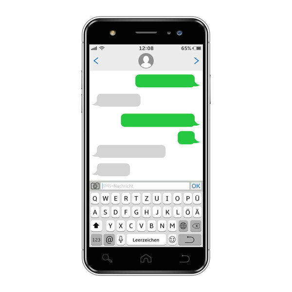 Smart phone with chatting sms screen and Germany alphabet virtual keyboard. Vector illustration.