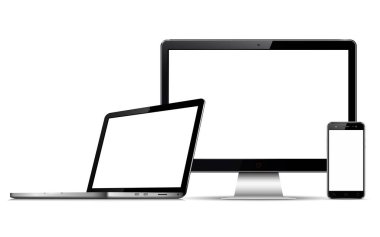 Modern bilgisayar monitör, dizüstü bilgisayar ve cep telefonu ile boş perde. Beyaz arka plan üzerinde izole.