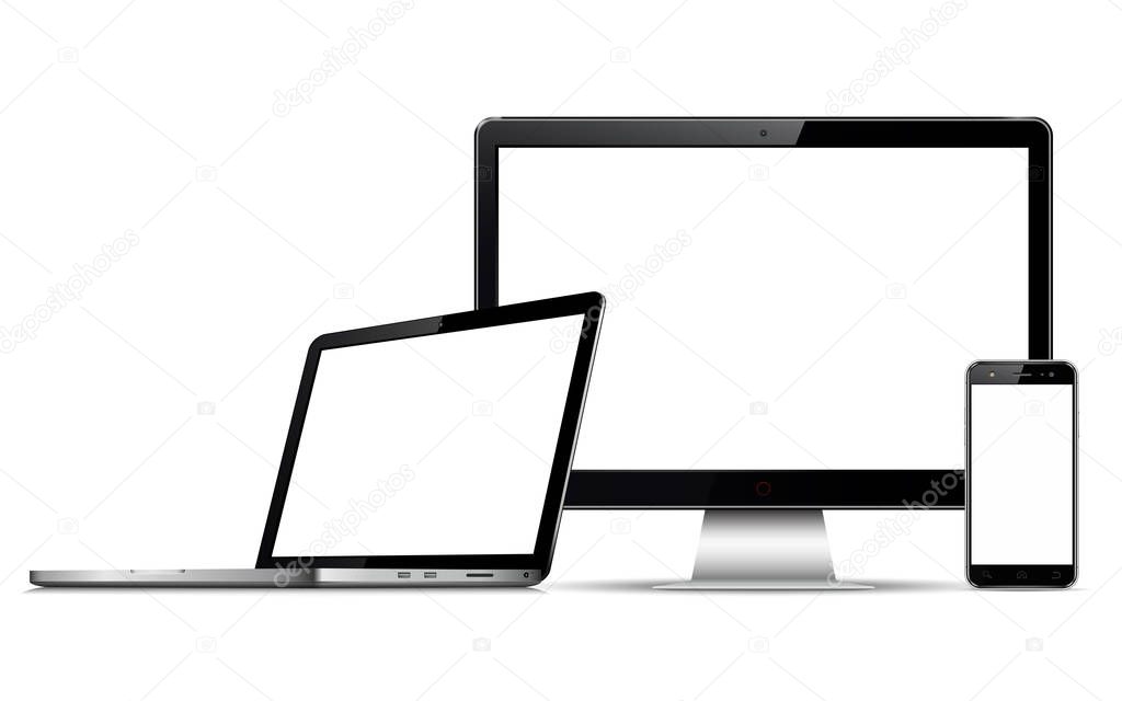Modern computer monitor, laptop and mobile phone with blank screen. Isolated on white background.