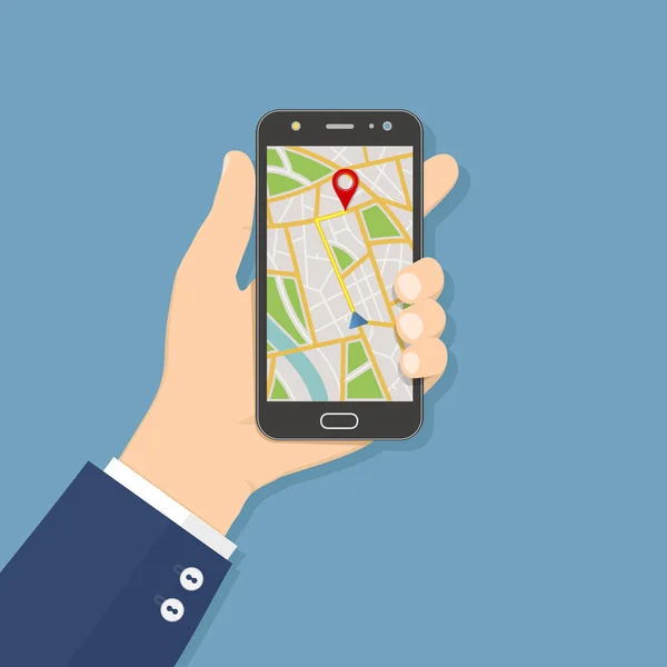 Smartphone Mano Con Navegador Gps Mapa Ciudad Pantalla Del Teléfono — Vector de stock