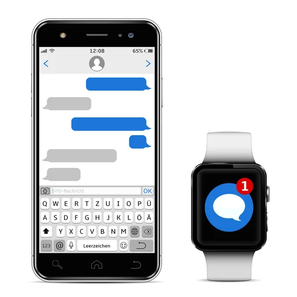 Concepto Chat Mensajería Smartphone Reloj Inteligente Con Aplicación Sms Mensajería — Vector de stock