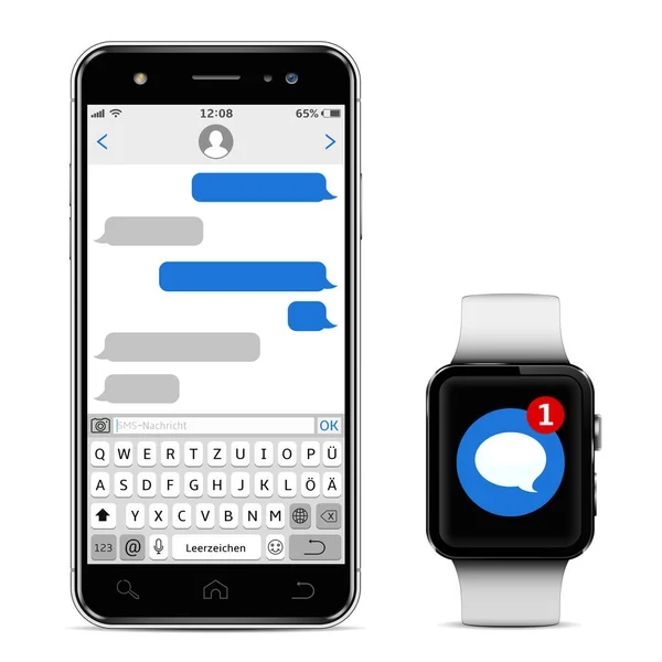 Концепція Спілкування Обміну Повідомленнями Смартфон Смарт Годинник Додатком Sms Повідомлень — стоковий вектор