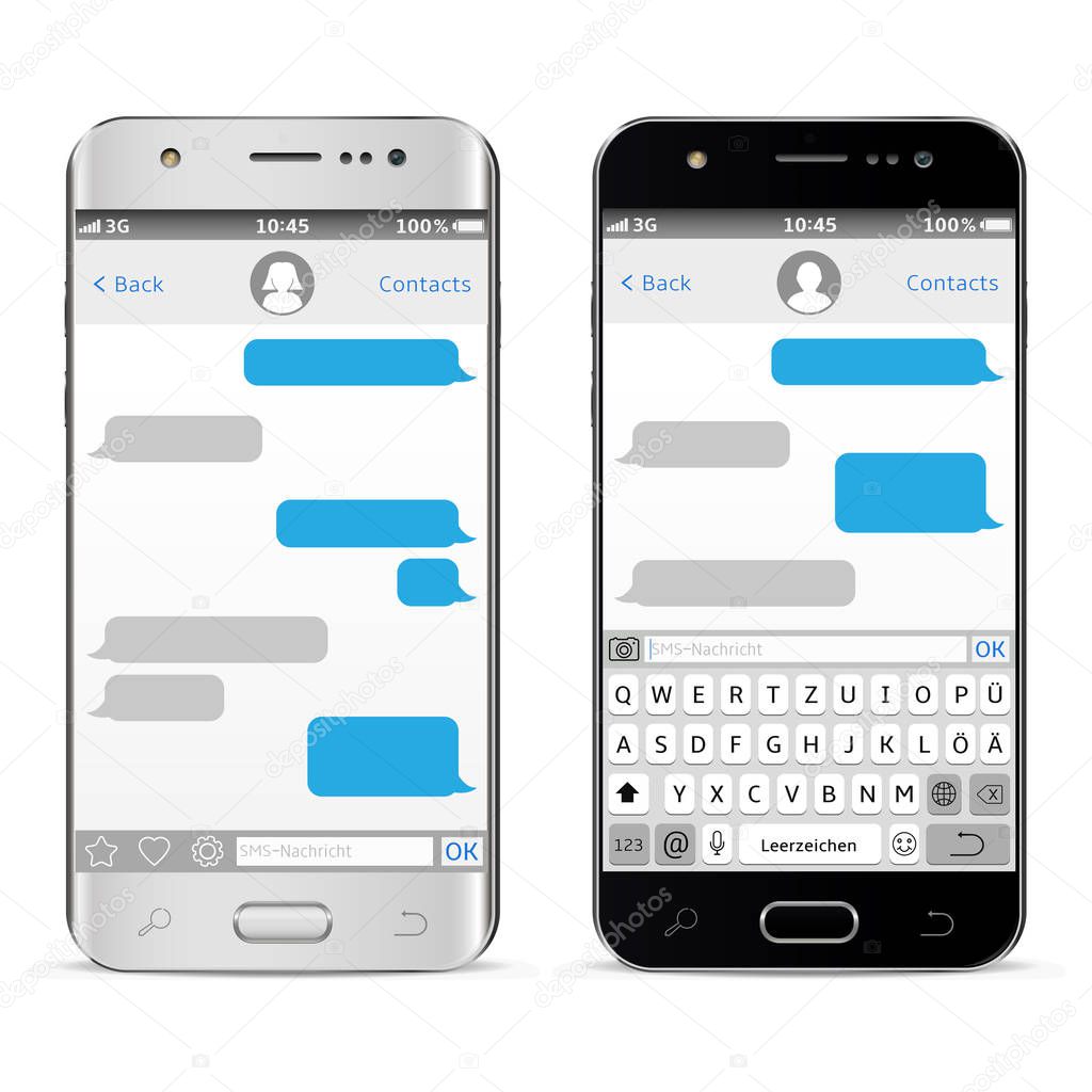 Mobile phones with Germany alphabet virtual keyboard. Messenger window. Chating and messaging concept. Vector illustration.