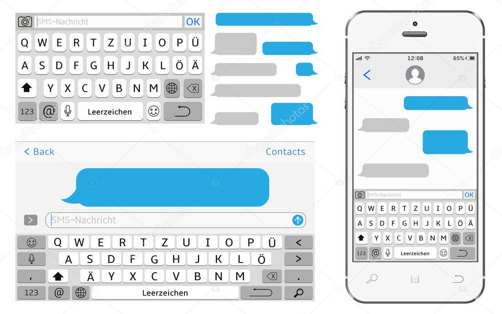 Germany alphabet virtual keyboard. Vector phone chat interface. Sms messenger. Speech bubbles. Vector illustration