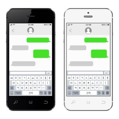 Kore alfabesi sanal klavye ile cep telefonları. Sohbet ve kavram mesajlaşma. Vektör çizim.