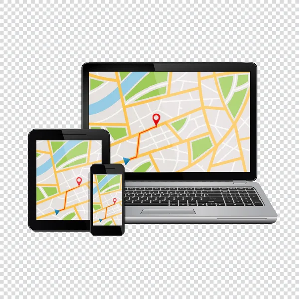 Mapa Navegación Gps Pantalla Dispositivos Digitales Modernos Aislados Sobre Fondo — Vector de stock