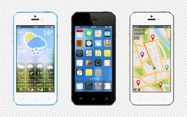 智能手机与应用程序图标 天气和 Gps 导航小部件隔离在透明的背景 — 图库矢量图片