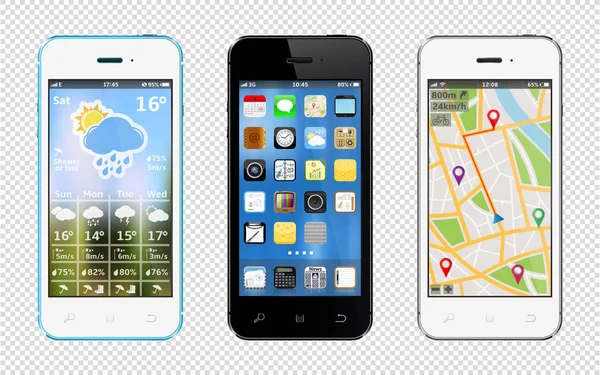 Smartphones Mit Apps Symbolen Wetter Und Gps Navigations Widgets Isoliert — Stockvektor