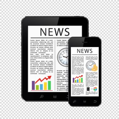 Tablet PC ve cep telefonu şeffaf arka planda izole haber makaleleri