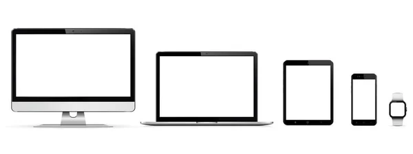Realistyczny zestaw monitora, laptopa, tabletu, smartfona, inteligentnego zegarka — Wektor stockowy