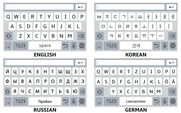 Виртуальные клавиатуры мобильного телефона: английский, корейский, немецкий, русский алфавит — стоковый вектор