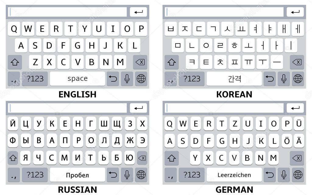 Mobile phone virtual keyboards: English, Korean, German, Russian alphabet